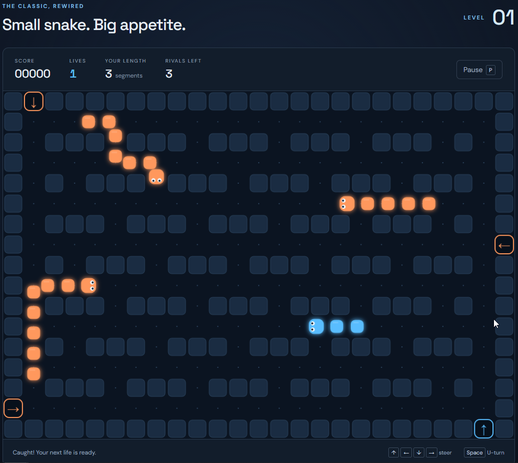 Serpentine gameplay: an orange snake threading a tunnel grid, chased by a blue rival